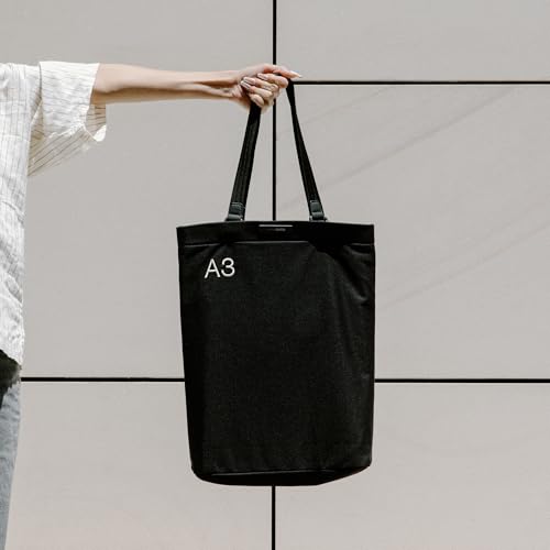 A3 Daily Tote by Memobottle - Slim Design, Padded 16” Laptop Compartment, Water-Resistant 100% Recycled Nylon Canvas - Black Ash3