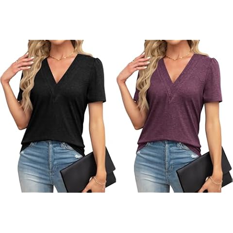 THANTH Womens Tops Dressy Casual V Neck Puff Short Sleeve Shirts Summer Loose Tunic Blouses T Shirts Trendy Tops Cover