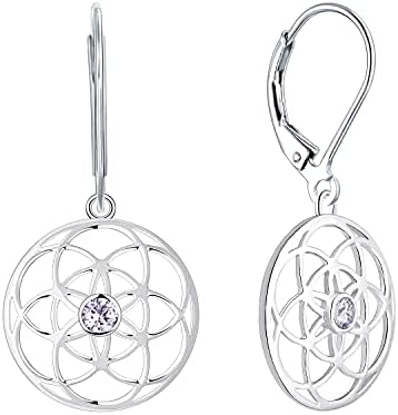 JO WISDOM Women Seed of Life Earrings,925 Sterling Silver Flower of Life Leverback Dangle & Drop Earrings with 3A Cubic Zirconia