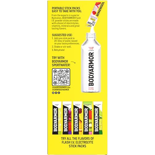 Image of BODYARMOR Caffeinated Flash IV Electrolyte Packets, Blue Raspberry & Dragonfruit Berry Variety Pack, Zero Sugar Energy Drink Mix, Single Serve Packs, Hydration for Pre Workout (15 Count)