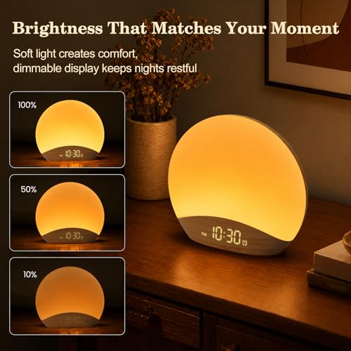 Image of REACHER Wood Grain Sunrise Alarm Clock and Sound Machine Nightlight, Digital Dimmable Clock for Bedroom, 26 Sleep Sounds, White Noise Machine for Baby, Adults, Wake Up Light Alarm Clock for Kids | Digital Dimmable Clock for Bedroom, 26 Sleep Sounds, White Noise Machine for Baby, Adults, Wake Up Light Alarm Clock for Kids