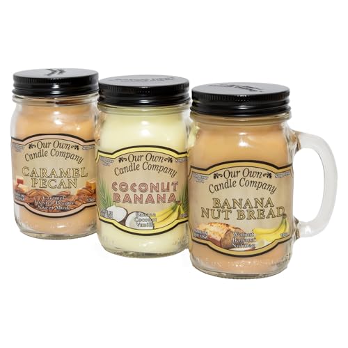 Our Own Candle Company Caramel Pecan, Banana Nut, and Coconut Banana - Nuts Variety Pack Scented Mason Jar Candles, 13 oz (3 Pack)