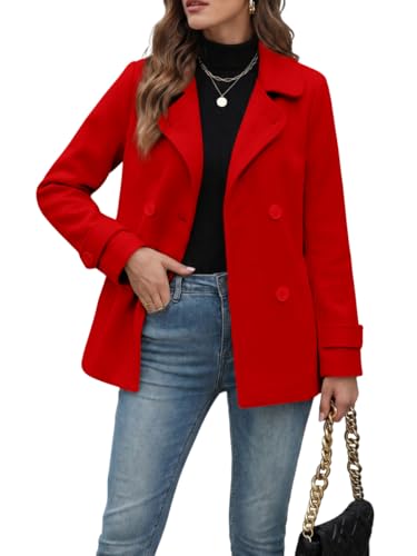 Image of IDEALSANXUN Wool Coat for Womens Fall Fashion Outfits Winter Clothes 2025 Double Breasted Trench Coat Peacoat Blazer Jackets, Red, L