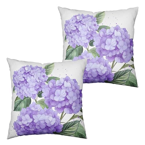 Kwlegh Purple Hydrangea Pillow Covers 18x18 Set of 2 Spring Summer Decorative Pillow Covers Flower Throw Pillow Case Square Cotton Linen Cushion Case for Outdoor Living Room Couch Sofa