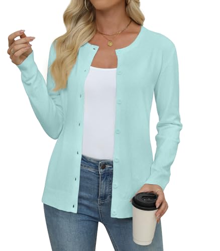 Yincro Women's Lightweight Crewneck Cardigan Long Sleeve Soft Knit Cardigans Sweater (Light Cyan, L)