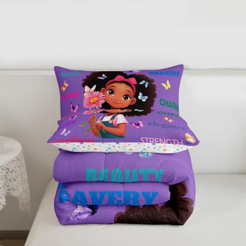 Image of Erosebridal Black Girls Magical Comforter Set Butterflies Inspirational Quotes Full Bedding Set African American Comforter Afro Pretty Girls Duvet Insert for Nursery Kids Princess Cute Room Decor