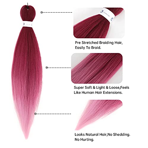 Pre-Stretched Braiding Hair Ombre Red Braiding Hair Extensions 26 Inch 6 Packs Hot Water Setting Professional Soft Yaki Synthetic Crochet Braids（Ombre Red） #TOP2