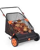 30 Inch Push Lawn Sweeper with Large 12 cu ft Collection Bag, Heavy Duty Steel Frame, 10" Rubber Wheels, 4 Spinning Brushes, Manual Height Adjustment for Leaves Grass and Yard Debris, Black Orange