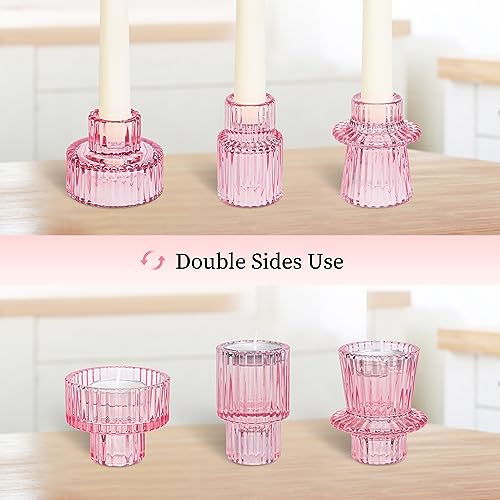 NEOEGOR Taper Votive Candle Holder for Pillar Candles Tealight, Candlestick Holder for Wedding Christmas Tea Party, Boho Ribbed Vintage Crystal Glass Table Centerpiece Decor, Bulk Set of 6 (Pink) by NEOEGOR - Image 5