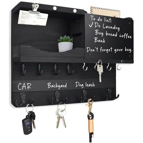 HEKOOLA Farmhouse Key and Mail Holder for Wall Decorative, Rustic Mail and Key Organizer for Wall with Different Hooks, Chalkboard, Key Holder Wall Mount with Shelf, Basket, Clips(Pine Wood, Black) Cover