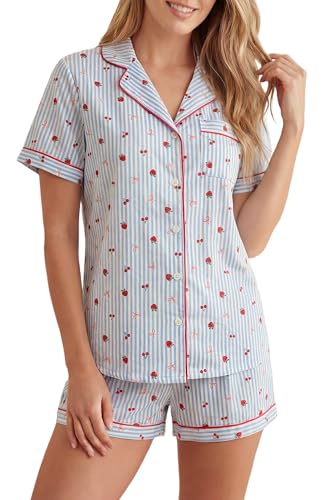 Image of LUBOT 100% Cotton Pajamas for Women 2 Piece PJ Set Poplin Woven Lightweight Ladies Button Short Sleeve Sleepwear S-XXL