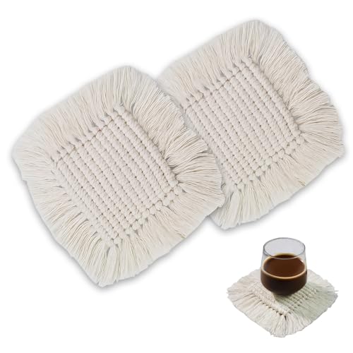 Boho Macrame Coasters Set of 2,Absorbent Coaster for Drinks, Round Handmade Woven Coasters for Boho Home Decor, CupCoasters for Office Desk, Kitchen, Dining Room, Bar (S-Beige(2pcs)/6.3in)