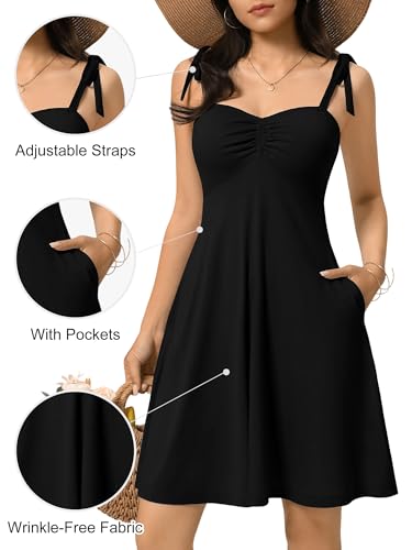 Image of OURIN Women's Spring Sweetheart Neckline Tie Strap Summer Sundresses Sleeveless Mini Dress with Pockets