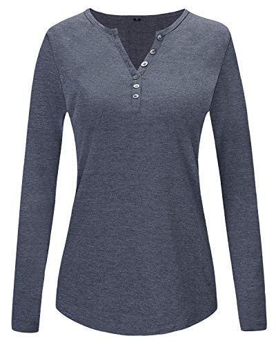 OUGES Womens Long Sleeve V-Neck Button Causal Tops Blouse T Shirt(Blue Purple,M)