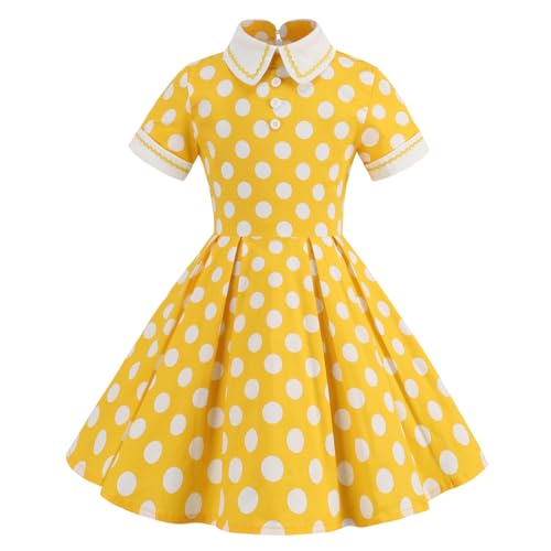 Kind Mädchen 1950er Rockabilly Kleid Kurzarm Turn-Down Kragen Polka Dot Kirsche Swing Kleid Elegante Vintage Audrey Hepburn Geburtstags Partykleid...