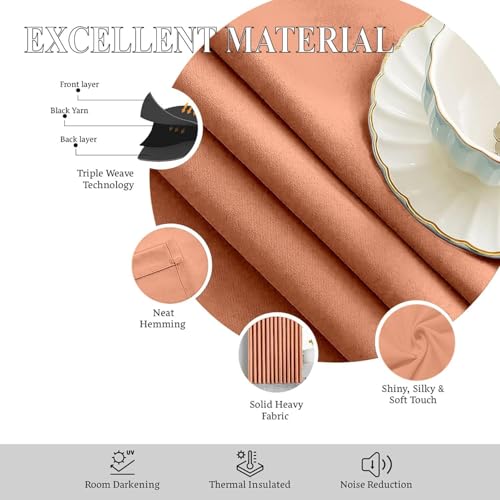 Image of Triple Pinch Pleated Blackout Curtains Thermal Insulated Room Darkening Curtains for Bedroom /Livingroom Pack of 2 Panels, Tiebacks, Hooks (Peach)