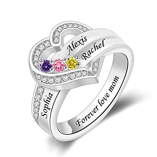 BAUMA AUTO Personalized Mother Ring with 1-8 Simulated Birthstones Heart Ring Custom Wedding Family Engraved Name Ring for Mom Women Grandma Her