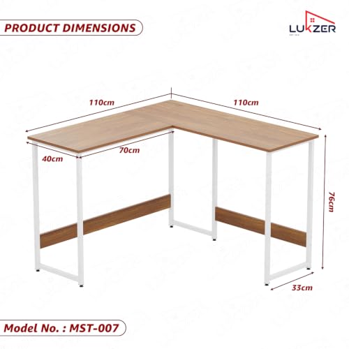 Image of Lukzer L-Shaped Study Table for Home or Office (MST-007 /White & Oak Brown) Metal & Engineered Wood Corner Computer Desk, Laptop & Gaming Station for Students and WFH (110 x 110 x 75 cm) Easy DIY