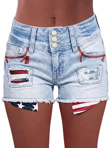 Flamingals Distressed Jean Shorts for Women Low Waist American Flag Button Fly Raw Hem Denim Shorts Sky Blue L