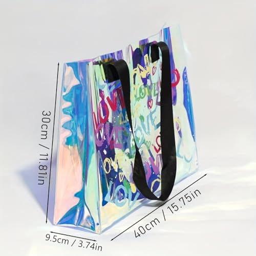 Transparent Rainbow-colored Tote Bag, Printed with LOVE Letters, PVC Material, Fashionable and Simple, 15.75inx3.74inx11.81in2