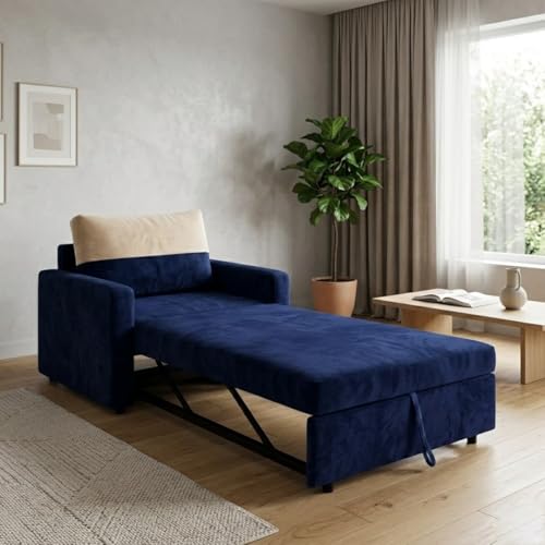 Image of SOCOZI Enrique 1 Seater Sofa Cum Bed | Soft Velvet Suede Fabric | Modern Convertible Design | Plush Comfort Seating for Living Room (Dark Blue)