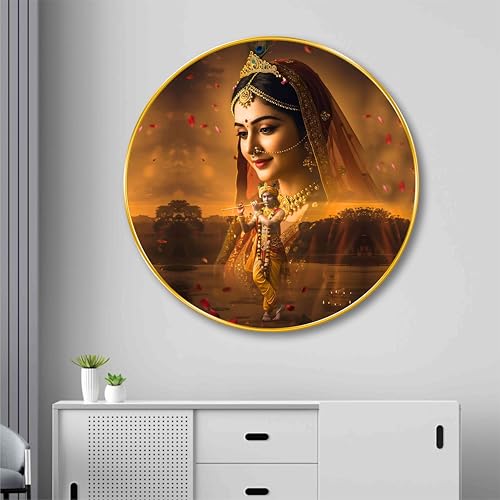 Image of SAF Radha Krishna Divine Aura Wall Painting - Spiritual Couple Artwork in Round Golden Frame | Eternal Love & Harmony Decor for Living Room, Bedroom, Pooja Room & Gifting (20 X 20 Inch) GRL-295
