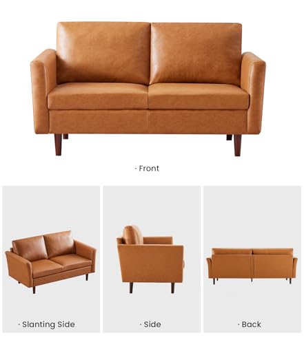 Image of Kingfun 58 inch Faux Leather Loveseat Sofa, Mid Century Modern Leather Couch for Living Room, Small Love Seat for Small Spaces, 2-Seater Mini Sofa with Rolled Arms and Deep Seats, Easy Assembly, Mid Brown