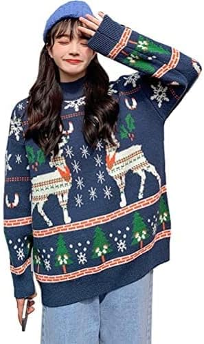 Amazon レディース トップス セーター カットソー クリスマスの服装 プルオーバー ニットトップス 春秋冬 ハイネック 長袖 ファッション ゆったり 甘い 可愛い クリスマス トナカイ 日常服 L ブルー セーター 通販