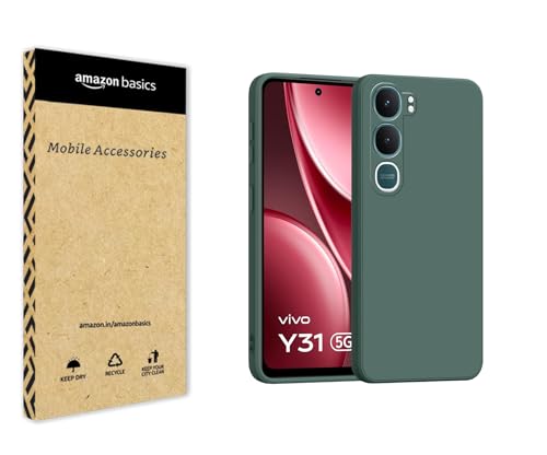 Image of amazon basics Back Cover for Vivo Y31 5G | Ultra Slim Soft Rubberised Case | Matte Silicone Flexible Mobile Case | Camera Protection - Green