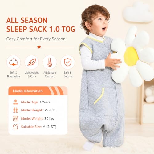 Image of WONDAY Toddler Sleep Sack with Feet, 1.0 Tog Lightweight Sleeping Sacks for Walking with Legs,12 Months 2T