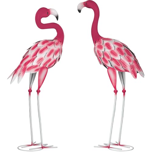 Velibobo Lot de 2 statues d'art flamant rose en métal - Sculptures de jardin pour l'extérieur,...