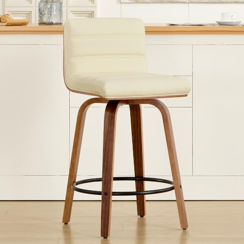 Image of Swivel Bar Stools Set of 2,26 inch Faux Leather Counter Height Barstools with Back,Mid Century Modern Upholstered Bar Chairs with Bentwood Legs Island Stools for Kitchen Counter Beige