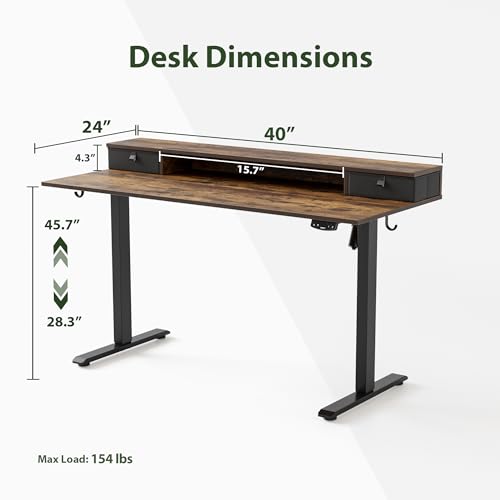 Image of Agilestic 40 x 24 Inches Height Adjustable Electric Standing Desk with 2 Drawers, Stand Up Electric Standing Desk Adjustable Height, Sit and Stand Computer Table with Splice Board, Rustic Brown