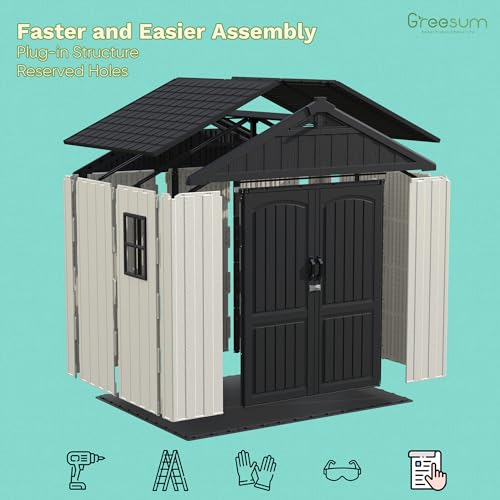 Image of Greesum 8x6FT Plastic Outdoor Storage Shed with Floor, Resin Sheds with Window and Lockable Door, Easy Assembly, HDPE Kick-it Shed for Garden, Lawn, Backyard, Beige