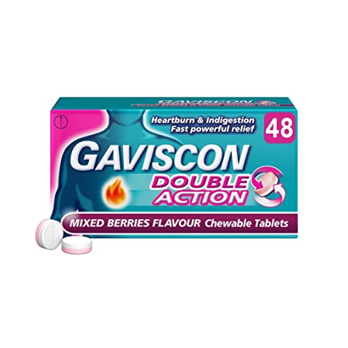Gaviscon Double Action, Chewable tablets, Mixed Berries, 48 tablets - Heartburn & Indigestion, Fast powerful relief, Convenient on the go tablets, Antacids for Effective Digestion, Acid Reflux Relief
