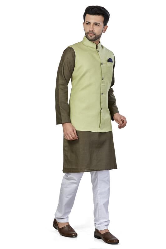 Be Active Men's Solid Linen Blend Kurta Pyjama 3 Piece Set || Men Kurta Pajama With Modi Jacket || Kurta Pajama Nehru Jacket For Men (N-Rfset0014-4-M)