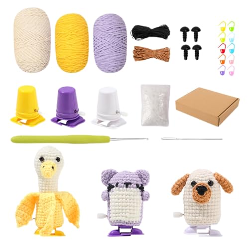 Kit de ganchillo para animales, kit de ganchillo para animales para principiantes - Kit de ganchillo de animales de punto - Fácil de caminar a pie plátano Duck Kitten Knitting Set con tutoriales en