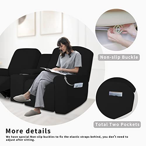 Image of Easy-Going 1 Piece Reclining Loveseat with Middle Console Slipcover | Stretch 2 Seater Loveseat Recliner Cover with Holder and Storage, Recliner Couch Sofa Cover, Furniture Protector Black