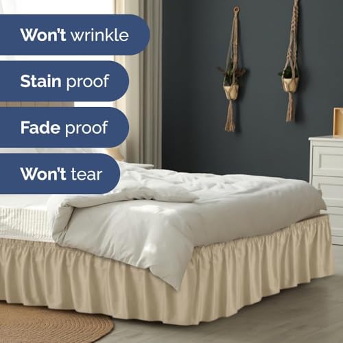 Image of Bed Skirt - Wrap Around Dust Ruffle Bed Frame Cover with Easy Fit Elastic Strap, Single Size 21 Drop, Microfiber Pleated, Machine Washable | Beige, (48inchx72inch)