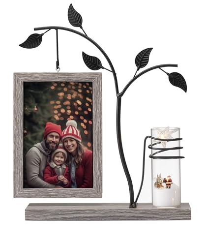 Afuly Marco de Fotos 10x15 Madera Vintage Marrón con Jarrón y Árbol de Metal Decoración de Mesa Regalo de Boda Cumpleaños Mudanza Detalle para Mujer Madre Abuela Amigos Familia Pareja