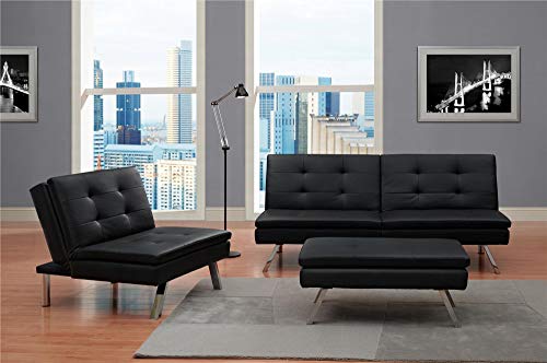 DHP Chelsea Upholstered Ottoman with Chrome Legs and Plus Pillow-Top Seating, Black Faux Leather