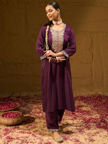 Image of INDO ERA Women's Embroidered Burgundy Silk Blend Straight Kurta & Pant with Dupatta Set (SHUTR6119)