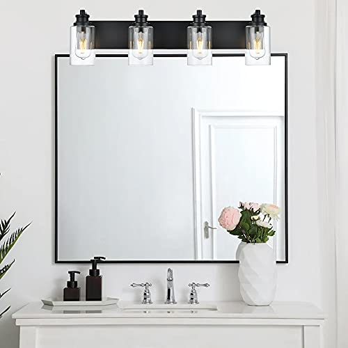 Image of 4-Light Bathroom Vanity Light, 28 inch Black Bathroom Lighting Fixture with Clear Glass Shades, Modern Wall Lamp for Bathroom Mirror, Bedroom, Hallway, Living Room, Cabinet