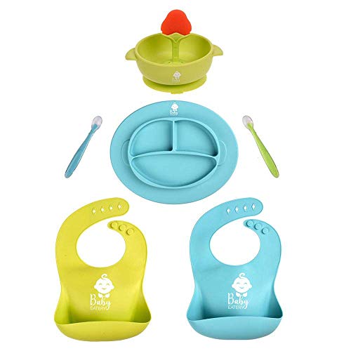 Baby Feeding Set - Pink Silicone Bib Plates Bowls Spoons BPA Free -Toddler