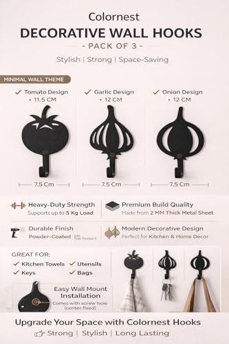 Image of Kitchen Wall Hooks Set of 3 | Heavy Duty Metal Wall Hooks | Matte Black Powder Coated | Decorative Key Holder & Towel Hanger for Kitchen & Home Decor