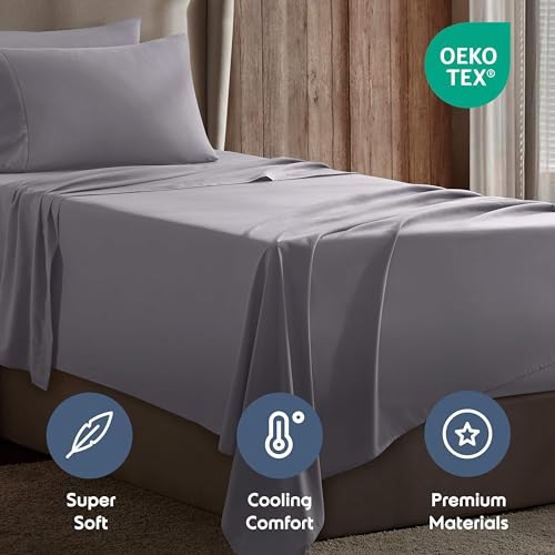 Image of Nestl Twin Bed Sheet Set - Grey Lavender - 3-Piece Deep Pocket | Instantly Soft, Night-One Ready (No Wash Required). Fits 16-Inch Deep Pockets, 360-Degree Elastic Grip