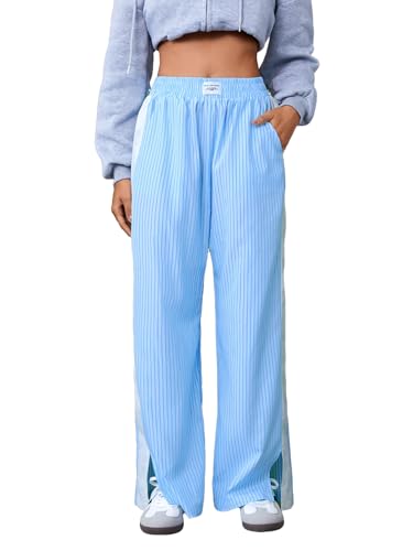 Women's Striped Elastic High Waisted Straight Leg Split Hem Casual Pants Trousers