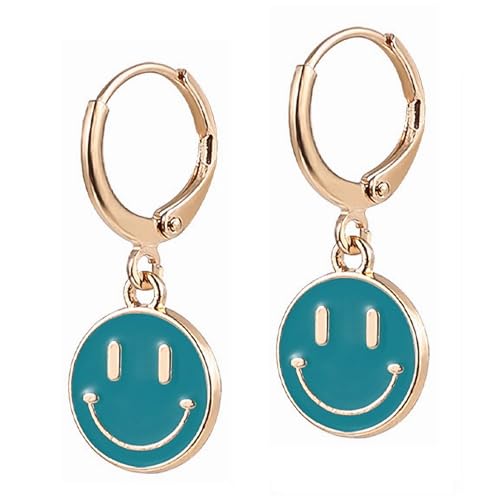 Image of Smiley Face Earrings Huggie Hoop Y2K Preppy Happy Lightning Bolt Heart Star Small Dangle Colorful Gold White Red Pink Yellow Blue Jewelry
