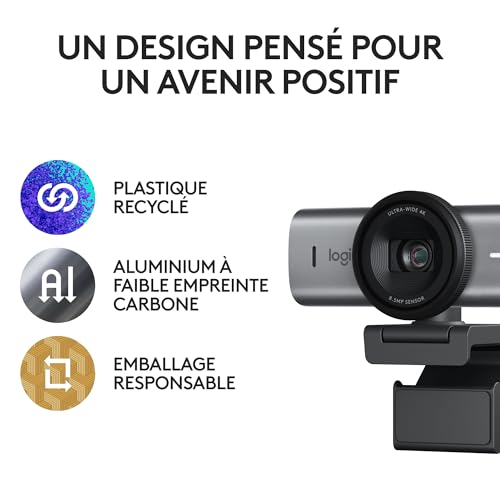 Logitech MX Brio Webcam de Collaboration et Streaming 4K Ultra HD, 1080p à 60 IPS, 2 micros avec réduction de Bruit, Show Mode, USB-C, Cache pour Webcam, Microsoft Teams, Zoom, Google Meet, Graphite