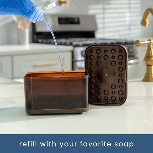 S&T INC. Dish Soap Dispenser and Sponge Holder for Kitchen Sink, Waterproof Labels and Sponge Included, 13 Ounces, Plastic, Walnut and Amber